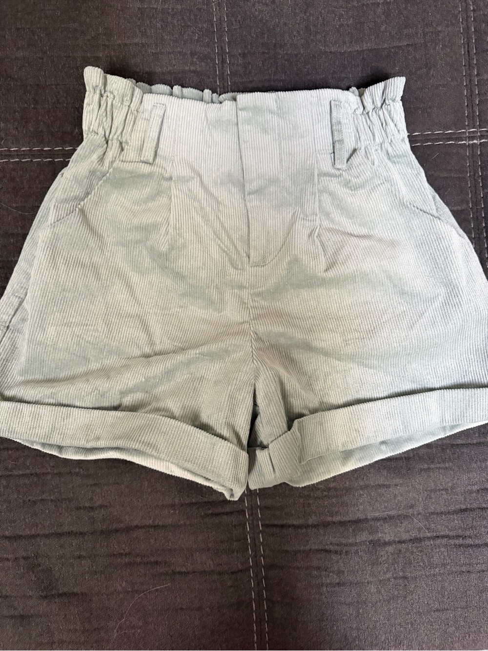 Cider High-Waist Paperbag Corduroy Shorts in Sage Green
